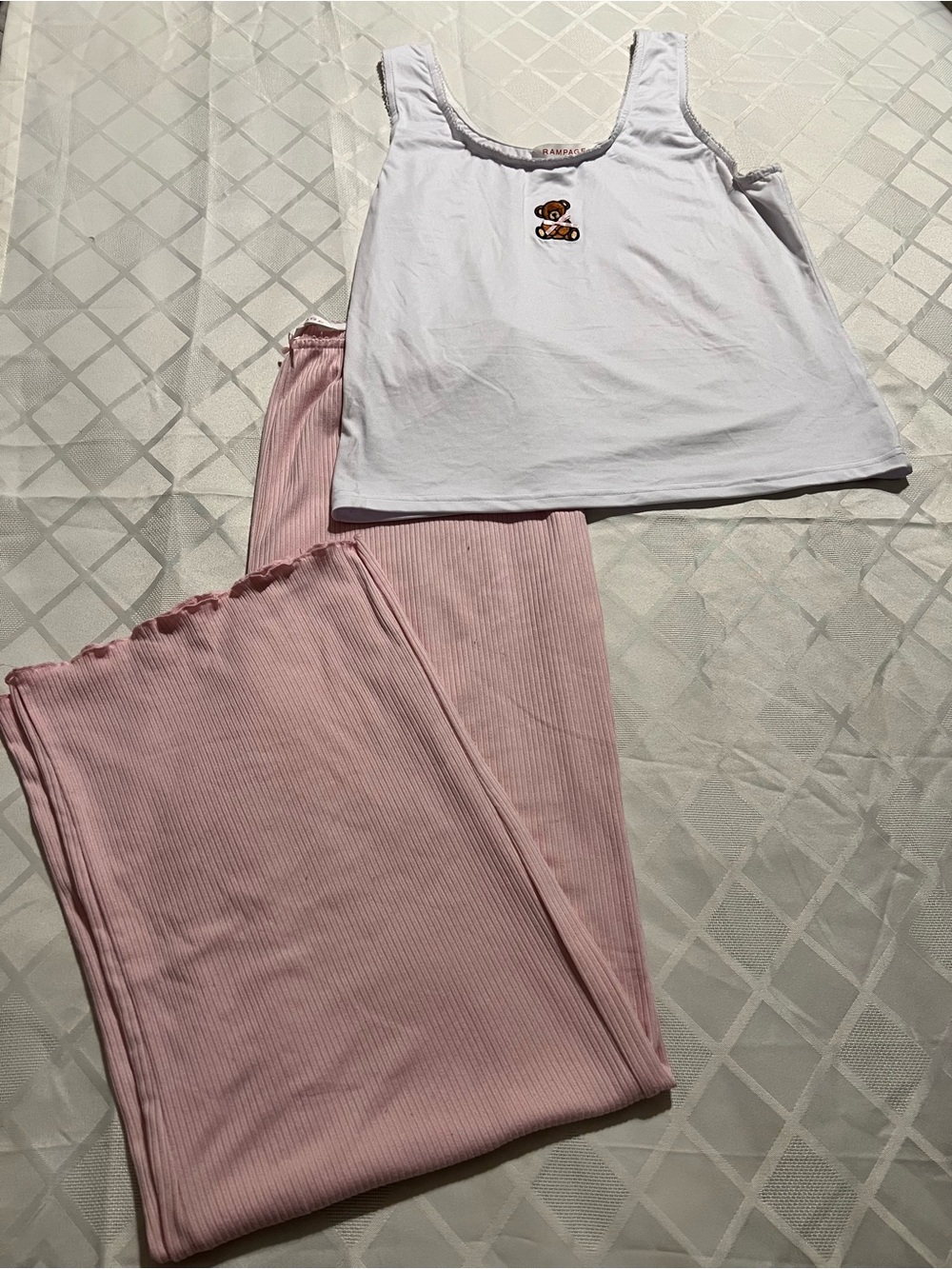 White Tank with Bear Patch + Light Pink Ribbed Pants Pajamas Loungewear Set L